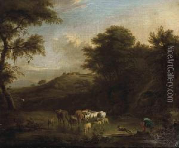 A Wooded River Landscape With A Drover And His Cattle Oil Painting - Adrian Van De Velde