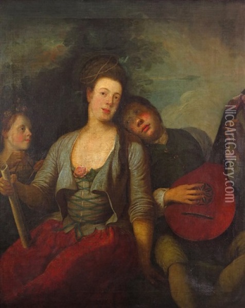 Portrait Of A Lady With A Boy Playing A Lute And A Girl Playing The Triangle Oil Painting - Philip Mercier