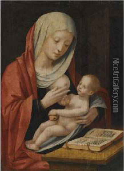 Virgin And Child Seated Before A Lectern Oil Painting - The Master Of The Female Half-Lengths