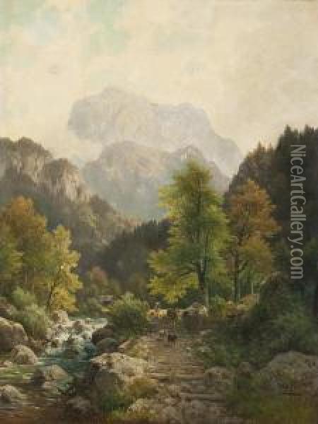 Gebirgslandschaft Mitweidevieh Auf Einem Weg Am Fluss Oil Painting - Ludwig Skell