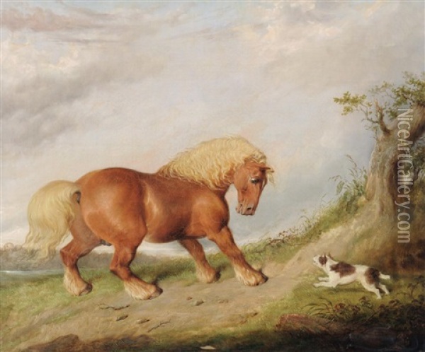 A Chestnut Horse Startled By A Terrier In A Landscape Oil Painting - Martin Theodore Ward