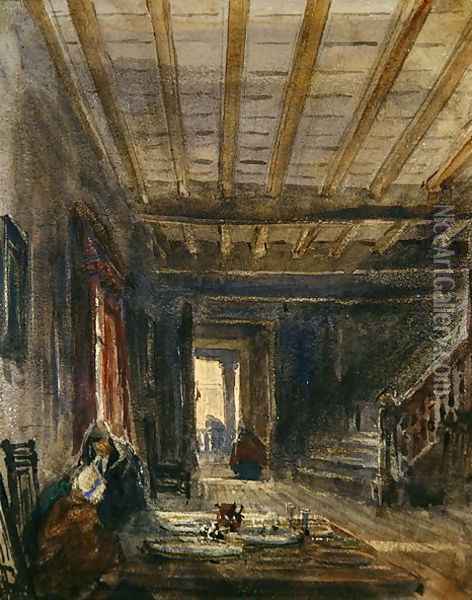 Interior with Figures at a Table Oil Painting - David Cox