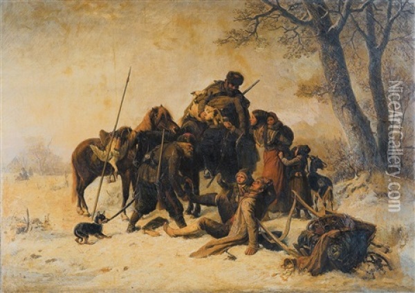 Winterlandschap Met Plundering - Cosaques Oil Painting - Karl Wilhelm Hahn