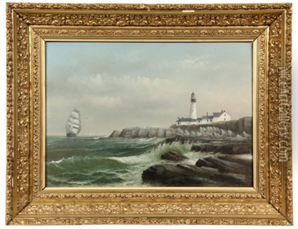 Sailing Ship Passing Portland Head Lighthouse, Maine Oil Painting - George M. Hathaway