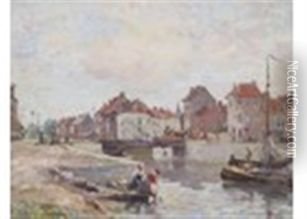 Canal At Malines, Belgium Oil Painting - Colin Campbell Cooper