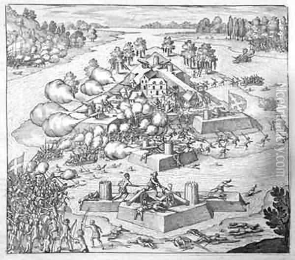 Annihilation of the French Protestant settlers, Fort Charles, Florida Oil Painting - Theodore de Bry