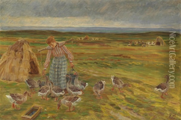 Landscape From Faaborg With A Young Woman Feeding The Geese Oil Painting - Peter Marius Hansen