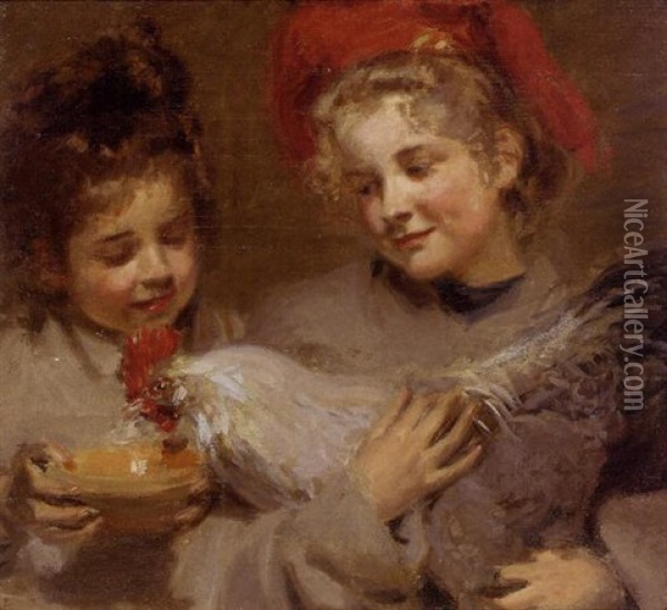 Marjorie And Berthe Feed Their Pet Rooster 
