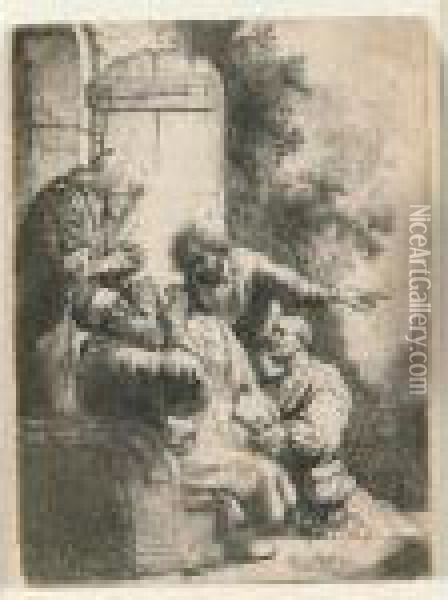 Joseph's Coat Brought To Jacob (b., Holl. 38; H. 104; Bb. 31-1) Oil Painting - Rembrandt Van Rijn