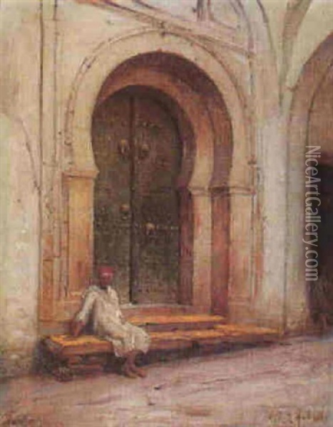 Devant La Porte De La Mosquee Oil Painting - Albert Aublet