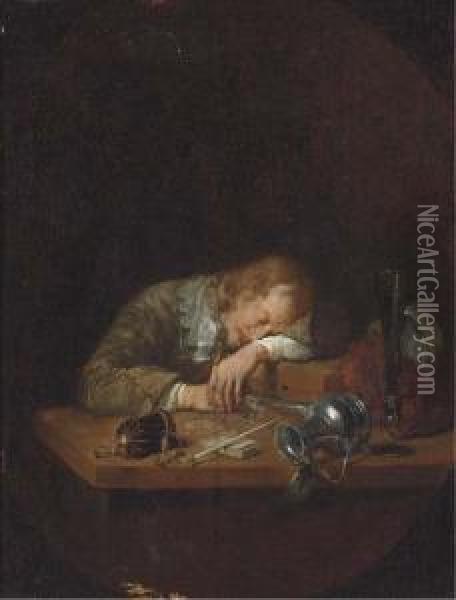 A Man Asleep On A Table Oil Painting - Arie de Vois