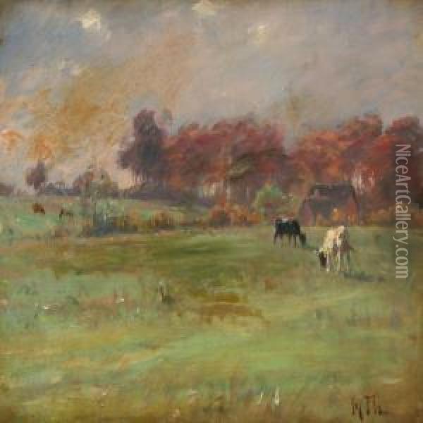 Impressionist Landscape With Cows Oil Painting - Michael Therkildsen