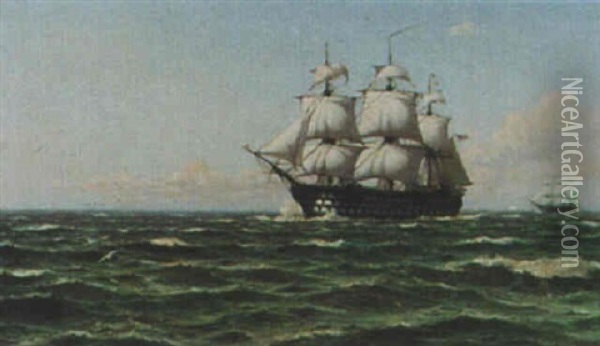 A Three Deck Warship Under Sail Oil Painting - Laurits Bernhard Holst