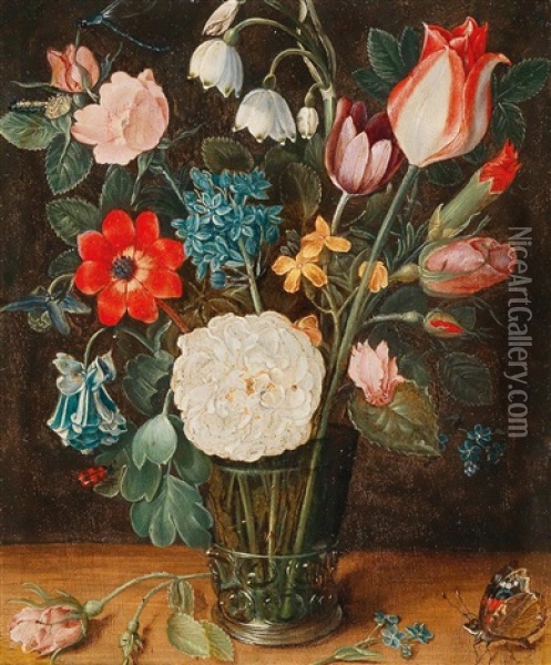 A Flower Still Life In A Berkemeyer Glass Oil Painting - Isaac Soreau