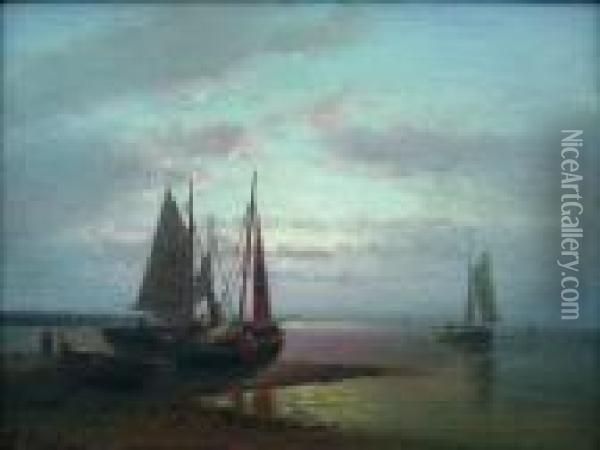 Beached Boats At Sundown Oil Painting - Abraham Hulk Jun.