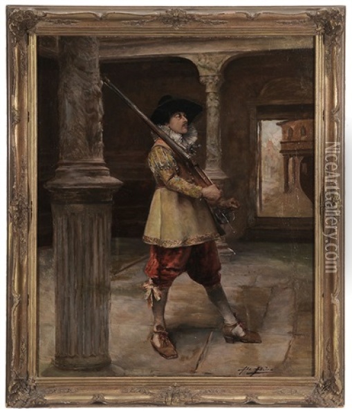 Cavalier With Gun In A Castle Interior Oil Painting - Alex De Andreis