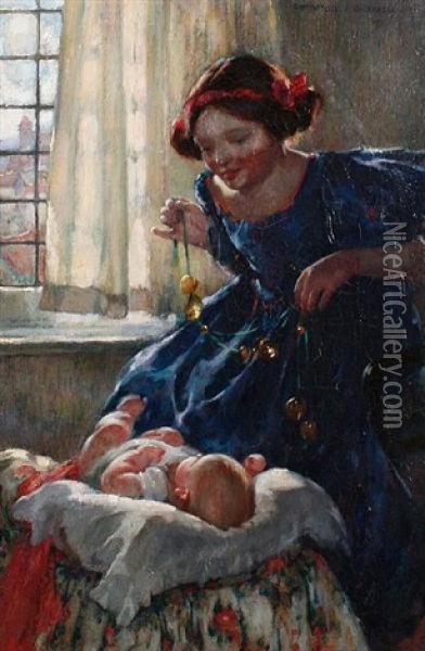 Entertaining The Baby Oil Painting - Christabel A. Cockerell