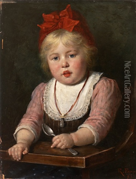Portrait Eines Pausbackigen Kleinen Madchens, Im Kinderstuhl Auf Das Essen Wartend Oil Painting - Rudolf Epp