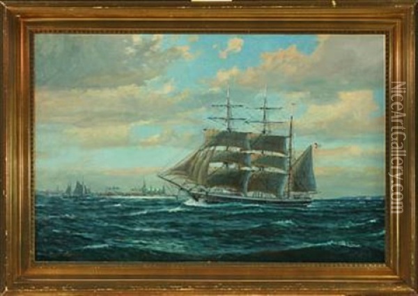 Three-masted Sailing Ship With Kronborg At Starboard Side Oil Painting - Christian Bogo