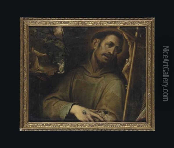 Saint Francis Adoring The Cross, With The Stigmatisation Of Saint Francis Beyond Oil Painting - Jacopo Ligozzi