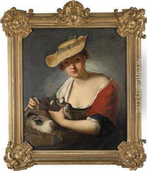 Portrait Of A Young Lady With Pigeons And Chickens Oil Painting - Antoine Pesne