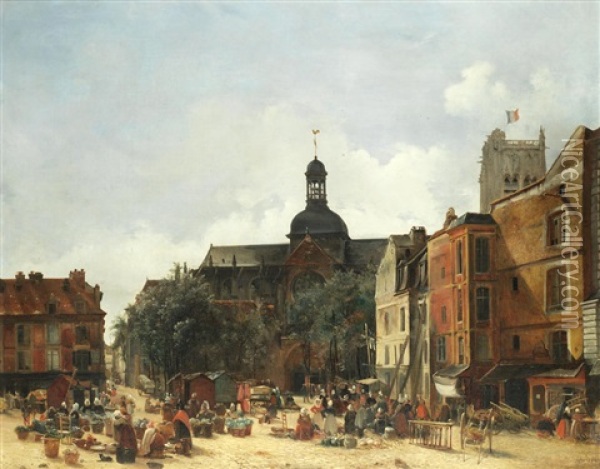 The Market Place, Dieppe Oil Painting - Charles Goureau