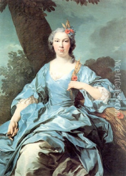 Portrait Of The Comtesse De Segouy As Ceres, Seated Three-  Quarter Length, Wearing A Blueand White Satin Dress, In A Oil Painting - Jean-Baptiste van Loo