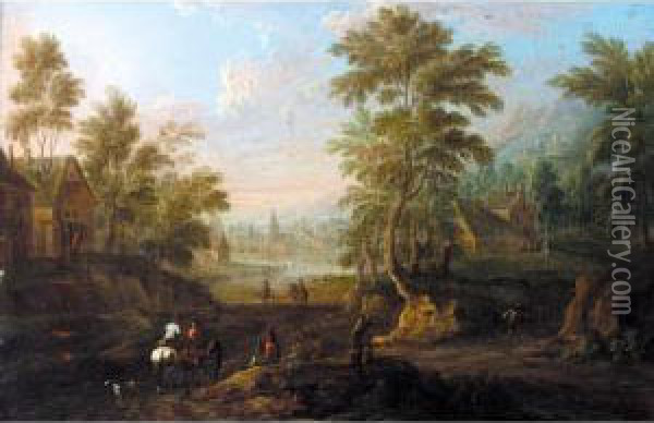 A Wooded Town Landscape With Horsemen And Other Figures In The Foreground Oil Painting - Marc Baets
