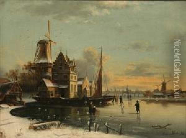 Estuary Scene, Winter
And 
Moonlight Oil Painting - Jacobus Johannes Van Poorten
