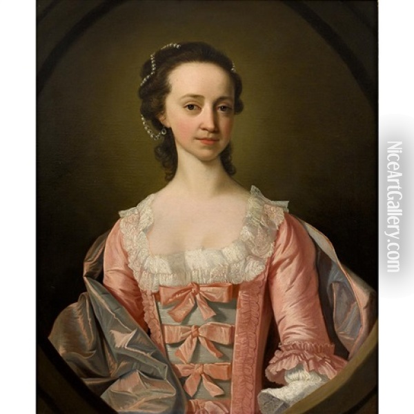 Portrait Of A Lady, Half Length, In A Feigned Oval Oil Painting - Thomas Hudson