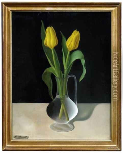 Stilleben Mit Zwei Gelben Tulpen In Einer Glasvase Vor Dunklem Hintergrund Oil Painting - Josef Mangold