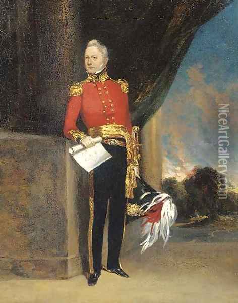 Portrait of an officer, small full-length, in uniform, holding the plan to a fort, a landscape beyond Oil Painting - George Chinnery