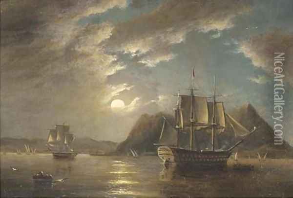 H.M.S. Minden 74, off Gibraltar, moonlight Oil Painting - James Wilson Carmichael