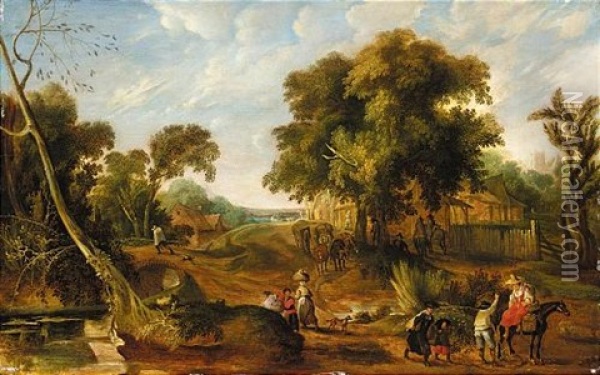 An Extensive Landscape With Many Figures Passing Through A Village Oil Painting - Pieter van der Hulst the Elder