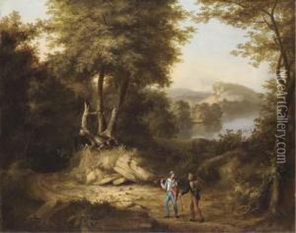 Hunters In A Landscape Oil Painting - Thomas Cole