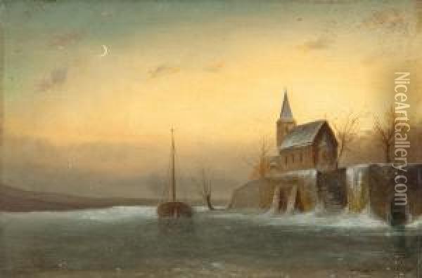 Verschneite Kapelle Uber Zugefrorenem Kanal Mit Eingefrorenem Boot Oil Painting - Jacques Van Gingelen