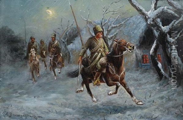 Kosakenpatrouille In Winterlandschaft Oil Painting - Adolf Baumgartner Jr.