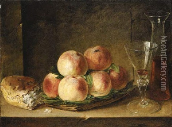 Peaches On A Straw Dish, A Bread Roll, A Wineglass And A Pitcher Of Wine On A Stone Ledge Oil Painting - Henri Horace Roland de la Porte