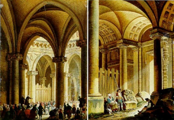 An Architectural Capriccio With Crowds Gathered Before A Religious Procession Oil Painting - Pierre Antoine Demachy