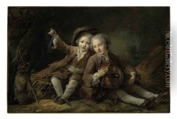 The Children Of The Duc De Bouillon Dressed As Montagnards; One Playing A Hurdy-gurdy, The Other Playing With A Marmot On A Ribbon Oil Painting - Francois Hubert Drouais