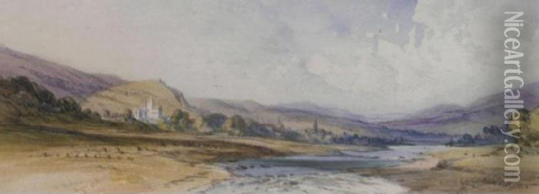 River Landscape With Melrose Abbey In The Distance Oil Painting - William Callow