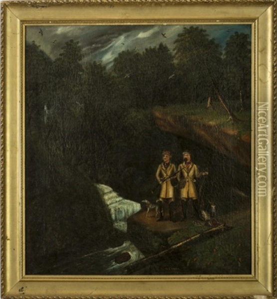 Two Hunters And Their Dog Overlooking A Stream With Falls Oil Painting - William V. Shaw