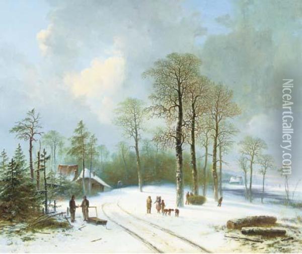 Figures On A Snow-covered Forest Path Oil Painting - Acobus Loernsz. Sorensen