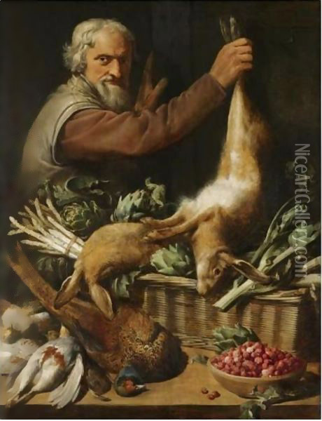 A Market Stall With A Peasant Holding Up A Hare, A Pheasant, Partridge, A Bowl Of Strawberries Oil Painting - Frans Snyders