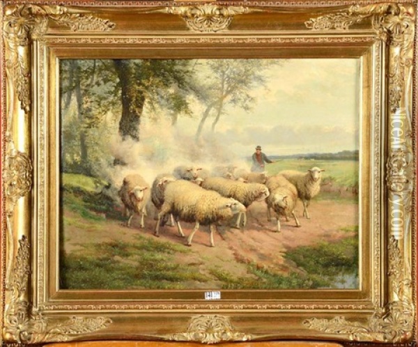 Troupeau De Moutons Et Son Berger Oil Painting - Jef Louis Van Leemputten