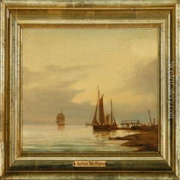 Marine With Sailing Ships Along The Coast On A Calm Day Oil Painting - Anton Melbye