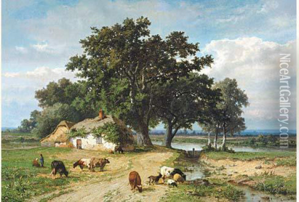 Landschap Met Hoeve En Vee Oil Painting - Adolphe Lacomble