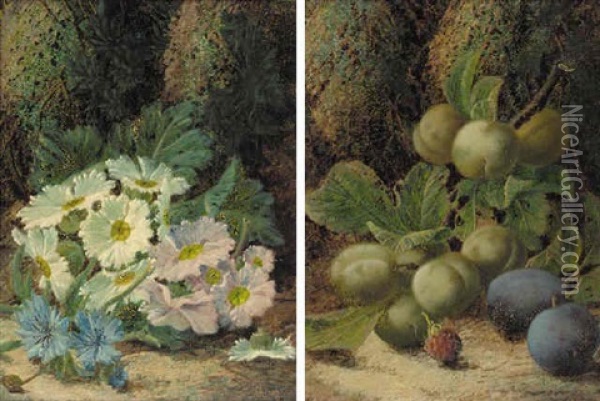 Plums And A Raspberry On A Mossy Bank Oil Painting - Oliver Clare