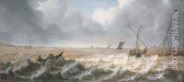 Shipping In A Stiff Sea Breeze Oil Painting - Pieter Van Der Croos