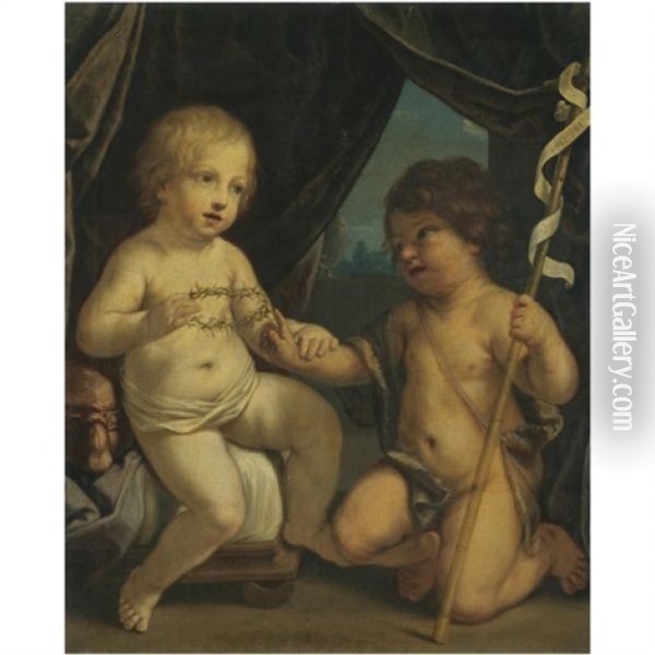 The Infant Jesus Christ Holding A Crown Of Thorns With The Young St. John The Baptist Oil Painting - Elisabetta Sirani